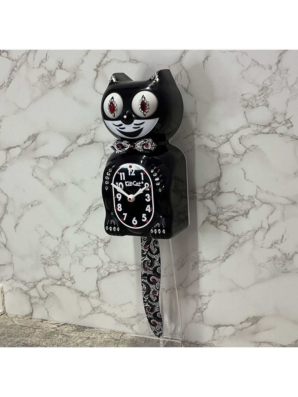CUSTOM Jeweled Black Kit-Cat Klock clock with Chantilly lace tail and bow tie - Picture 7 of 7